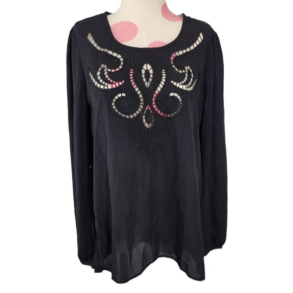 Women's NWT Eyeshadow Clothing Black Sheer Flowy Blouse Small Cut Out Design - Picture 1 of 6